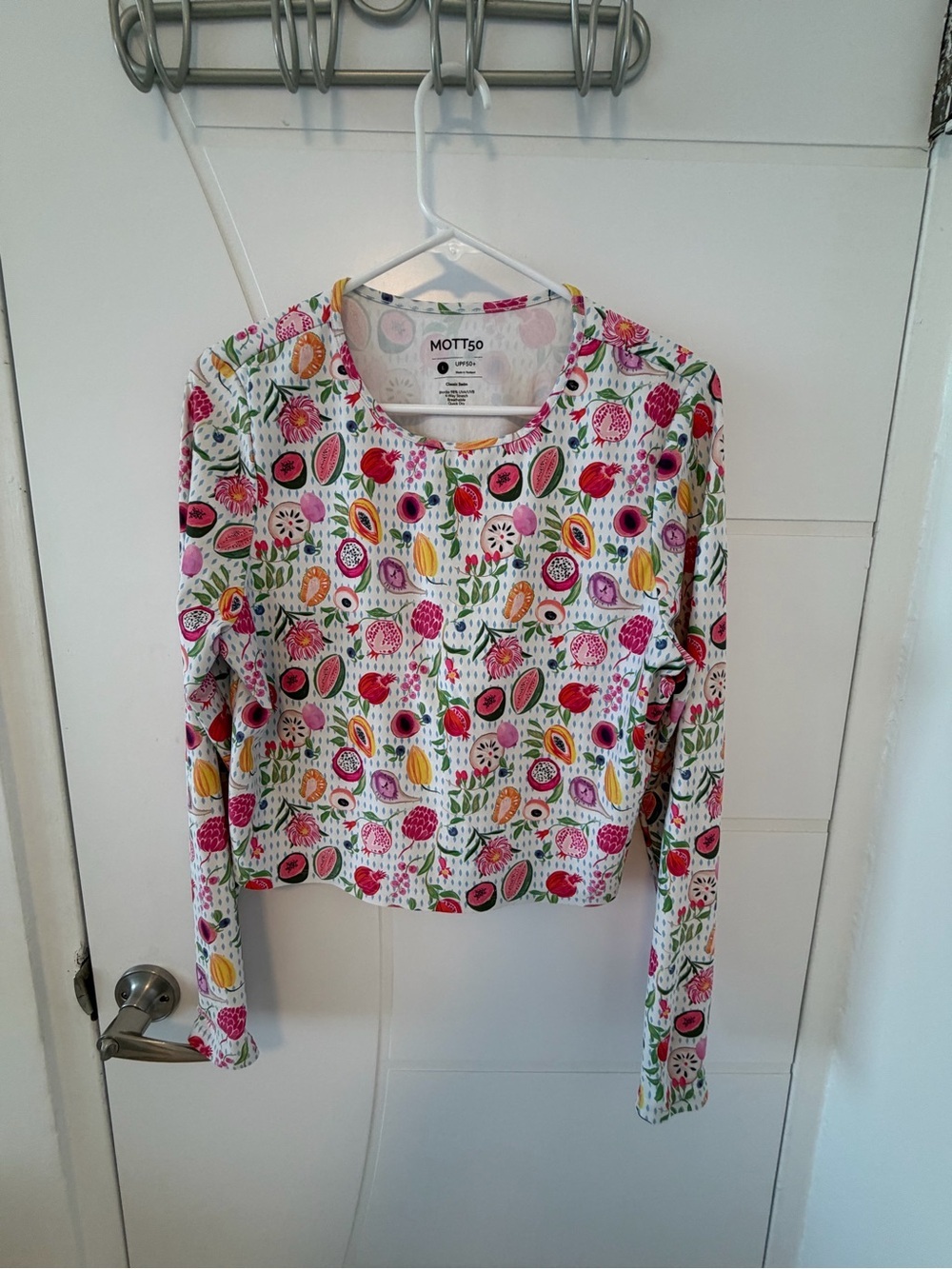 Mott50 White Swim Top with Pink, Yellow & Green Fruit Print rashguard